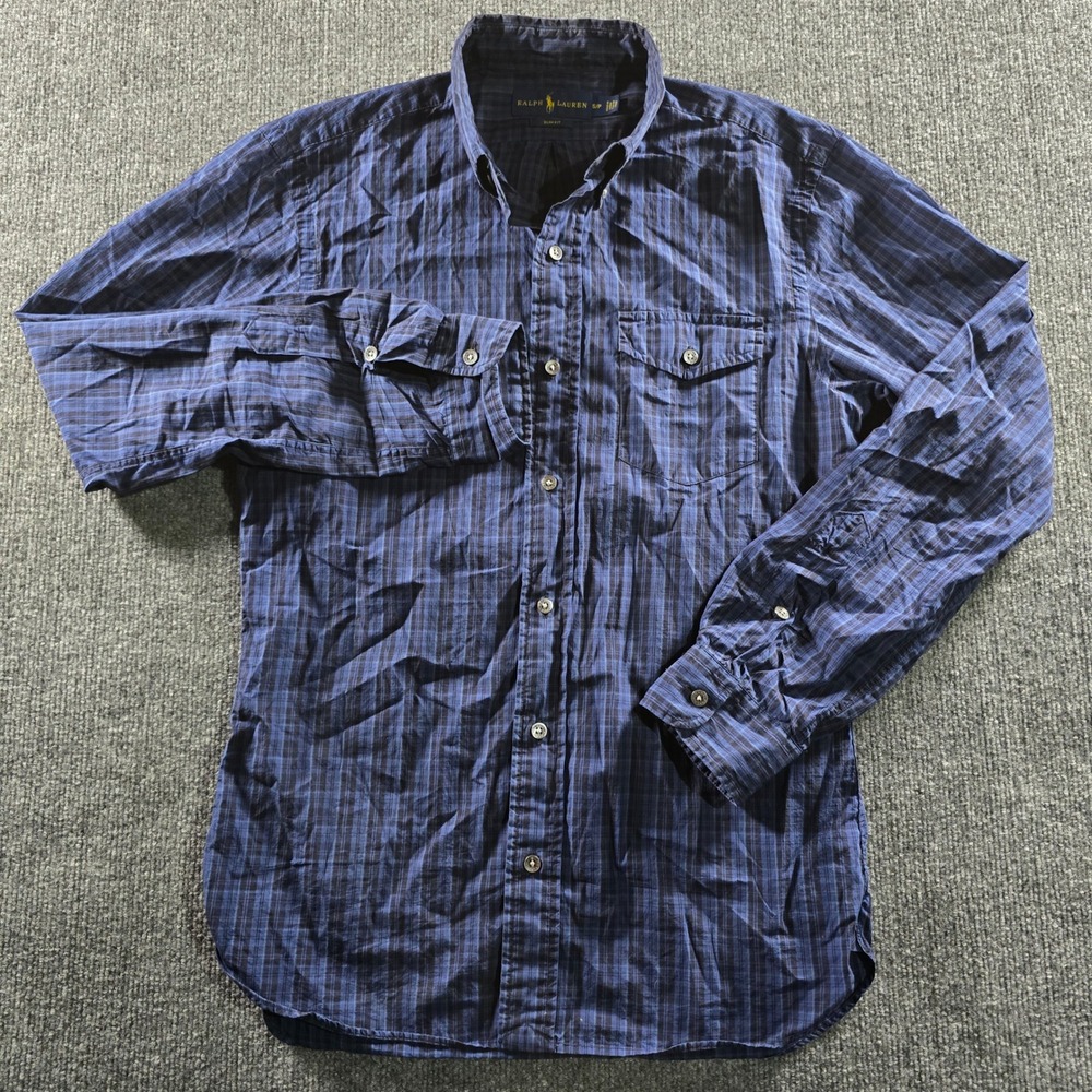 Ralph Lauren Slim Fit Button Down Shirt Mens Small Blue Black Plaid Long Sleeve